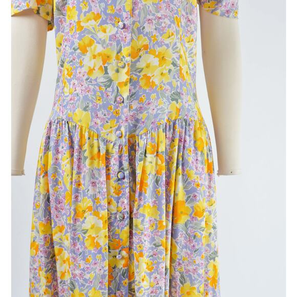 Vintage 90s Floral Button Front Puff Sleeve Drop Waist Maxi Dress with Pockets - Picture 8 of 9